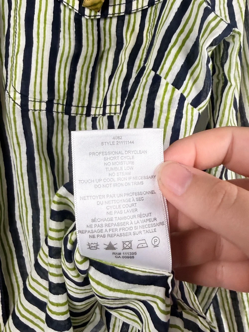 Tory burch green navy white stripe button down blouse with gold detail size 10